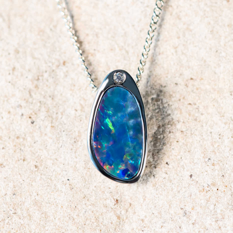 'Erica' Silver Australian Doublet Opal Necklace Pendant - Black Star Opal