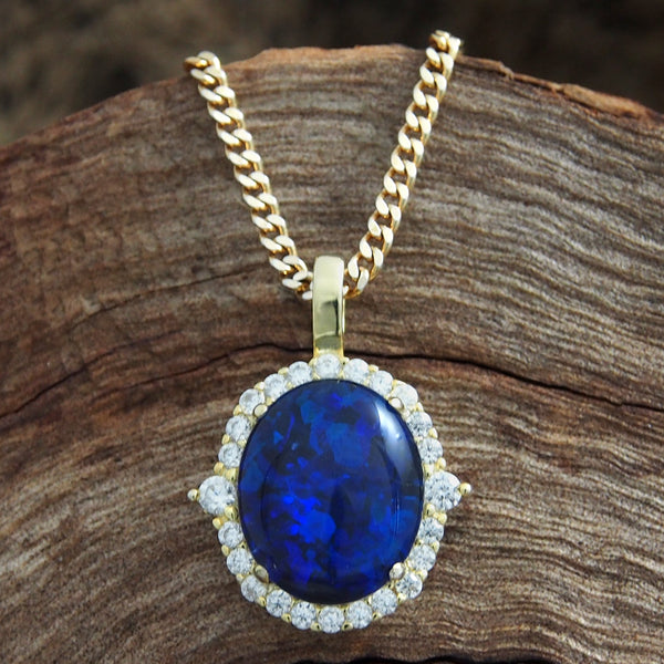 'Esther' Gold Plated Silver Australian Triplet Opal Necklace Pedant - Black Star Opal