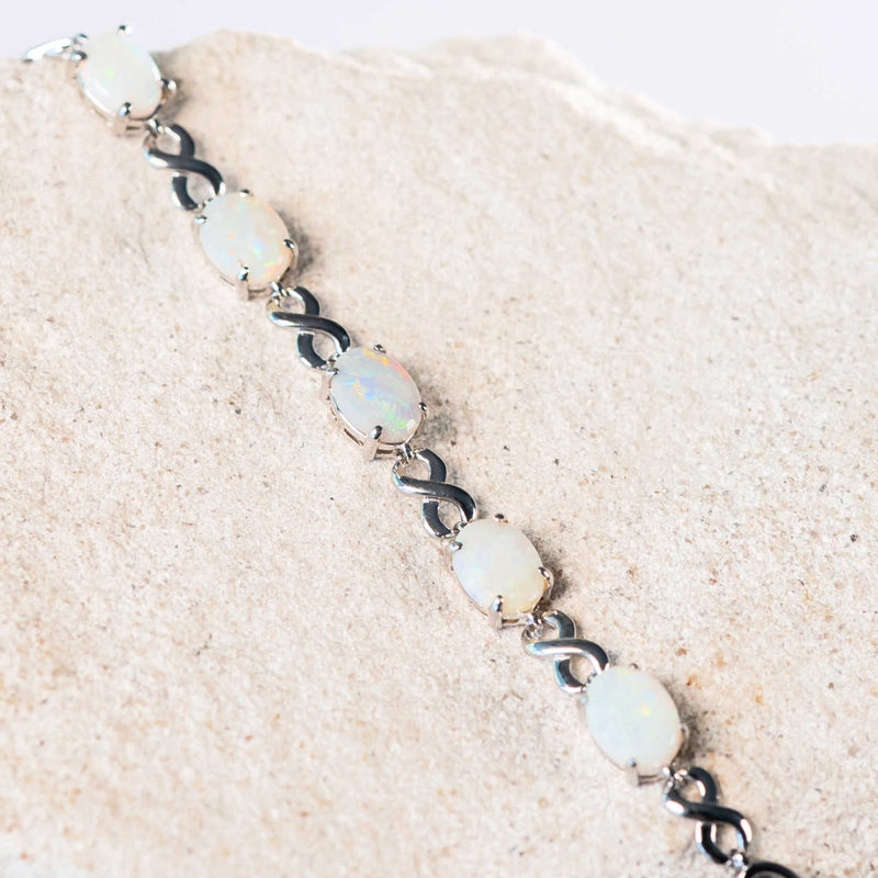 colourful eternity design white opal silver bracelet