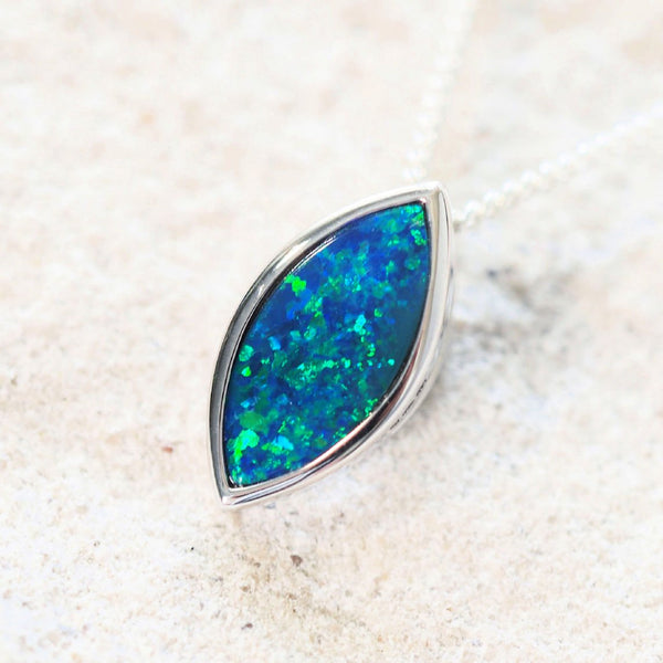 blue and green opal necklace pendant set in 18ct white gold