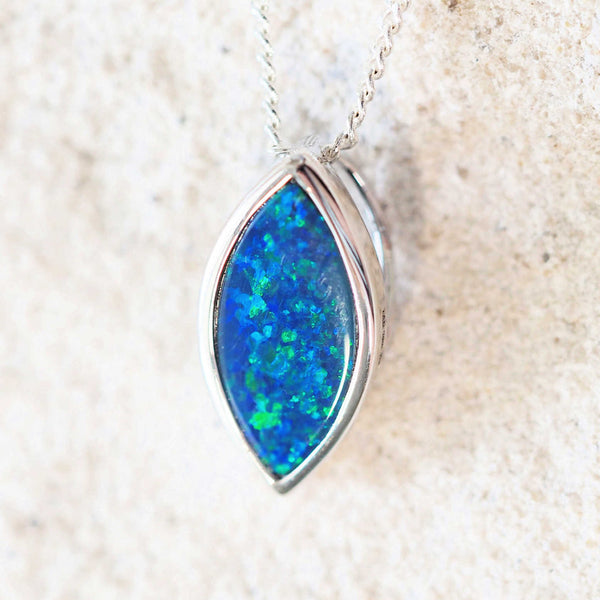 blue and green doublet opal white gold pendant