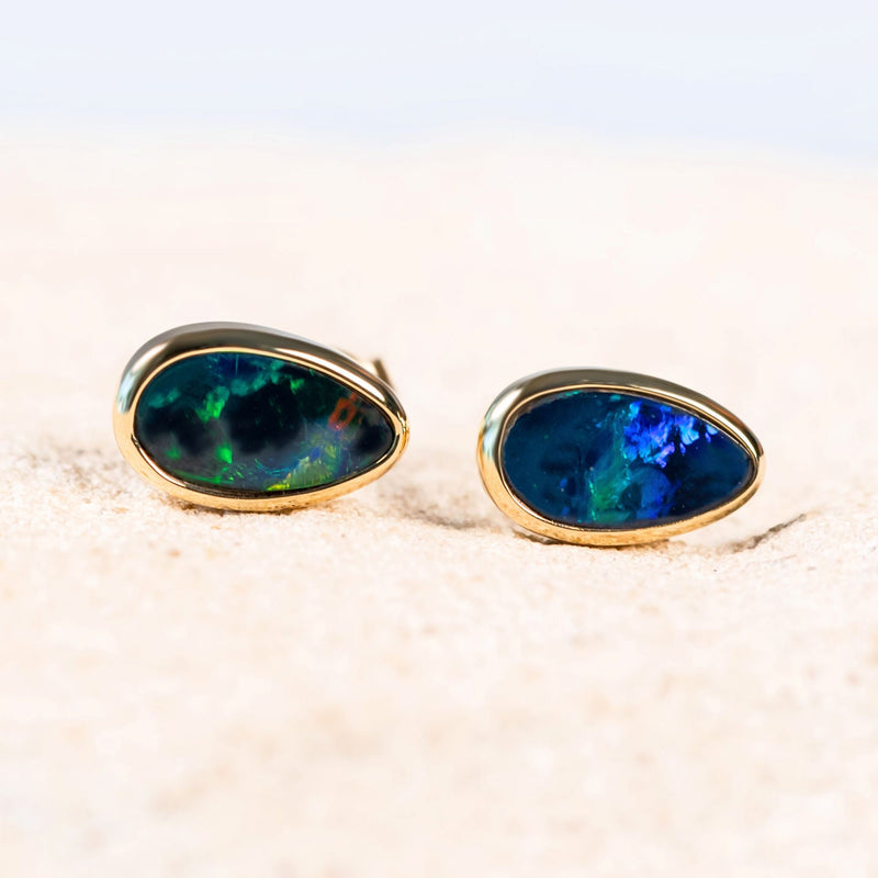 gold stud blue and green doublet opal earrings