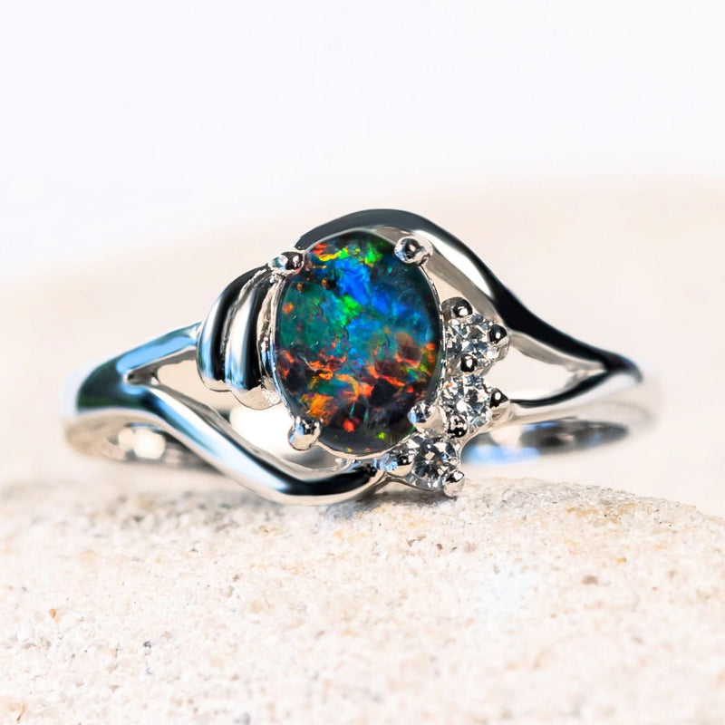 beautiful colourful Australian opal ring set with a triplet opal in sterling silver