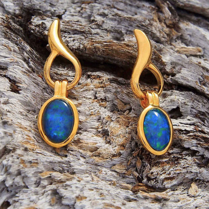 'Flame' Gold Plated Silver Australian Triplet Opal Earrings - Black Star Opal