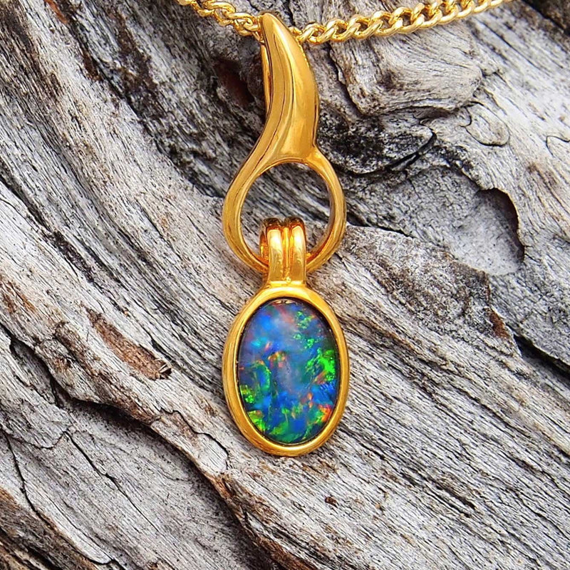 'Flame' Gold Plated Silver Australian Triplet Opal Necklace Pendant - Black Star Opal