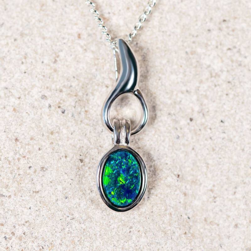 'Flame' Silver Australian Triplet Opal Necklace Pendant - Black Star Opal