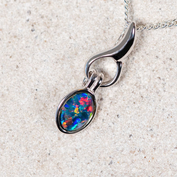 'Flame' Silver Australian Triplet Opal Necklace Pendant - Black Star Opal