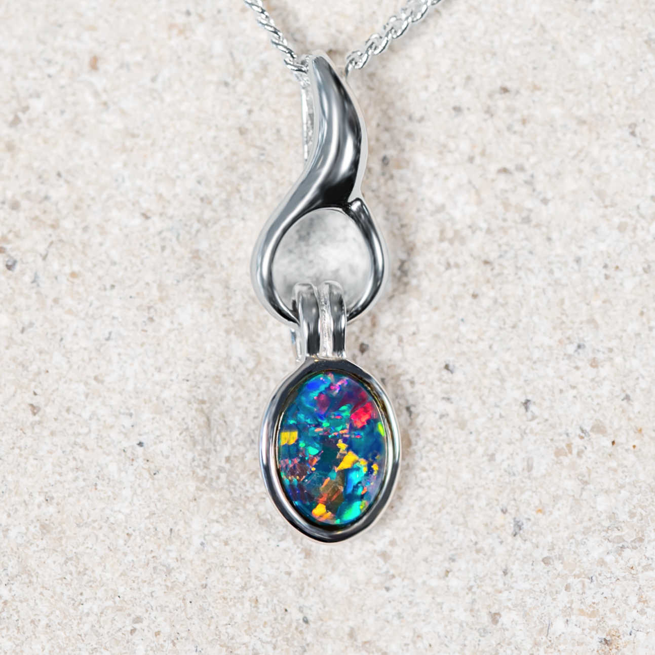'Flame' Silver Australian Triplet Opal Necklace Pendant - Black Star Opal