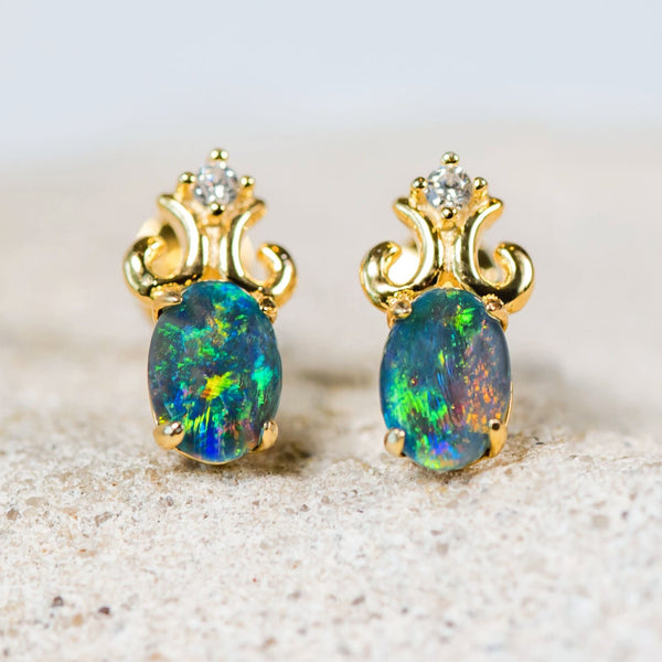 'Fleur-De-Lis' Gold Plated Silver Australian Triplet Opal Earrings - Black Star Opal