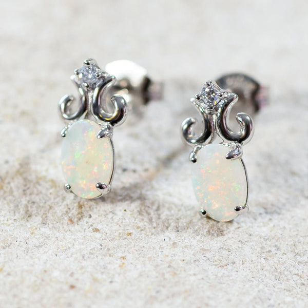 'Fleur-de-lis' Silver Australian Crystal Opal Earrings - Black Star Opal