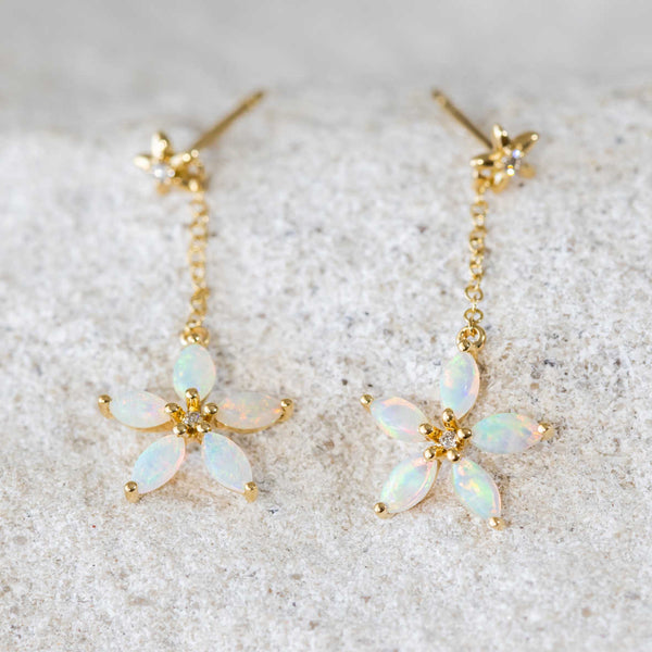 'Fleur' Gold Australian Crystal Opal Earrings - Black Star Opal