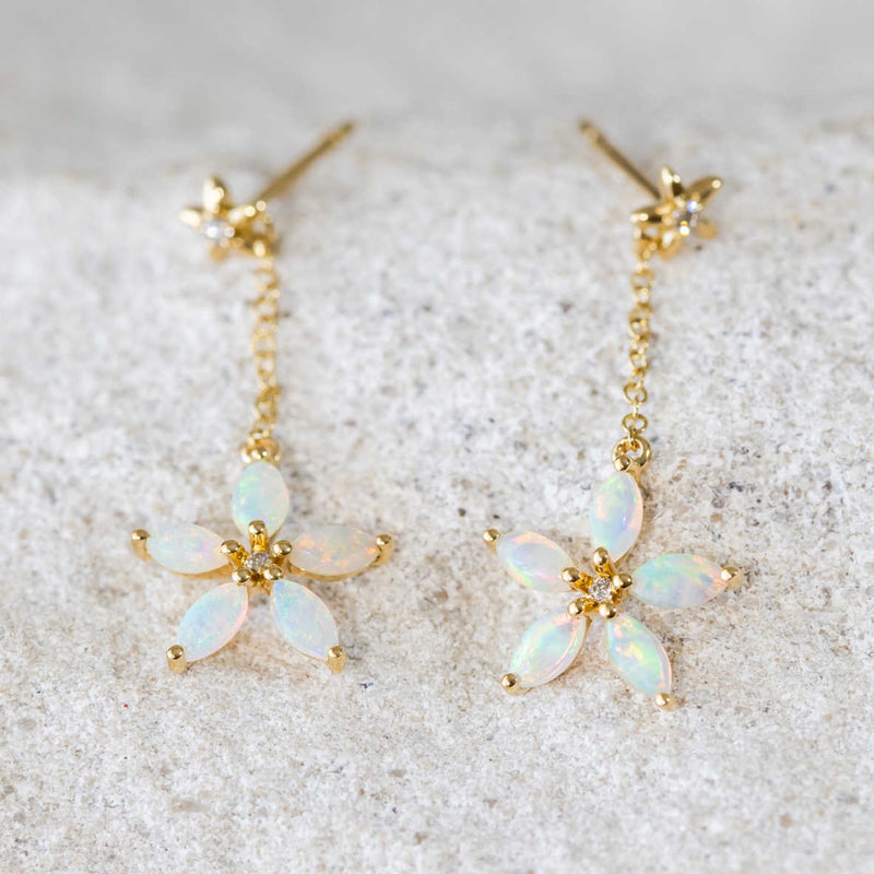 'Fleur' Gold Australian Crystal Opal Earrings - Black Star Opal