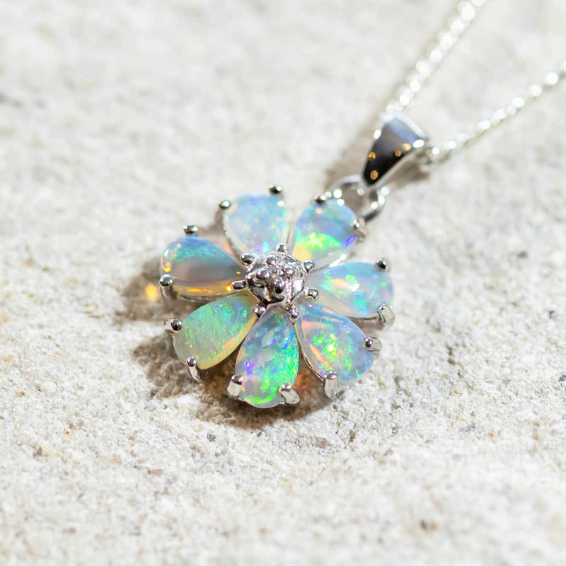 'Flora' Silver Australian Crystal Opal Necklace Pendant - Black Star Opal