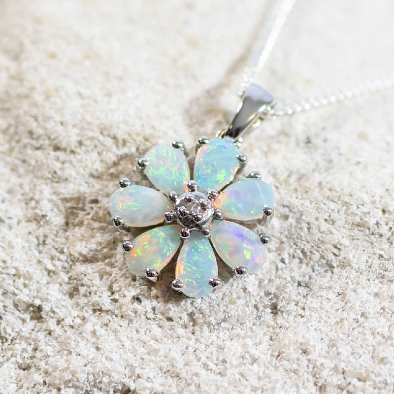 'Flora' Silver Australian Crystal Opal Necklace Pendant - Black Star Opal
