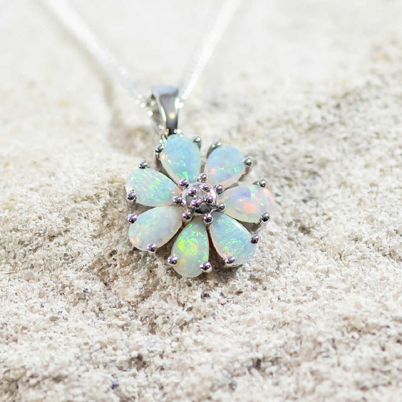 'Flora' Silver Australian Crystal Opal Necklace Pendant - Black Star Opal