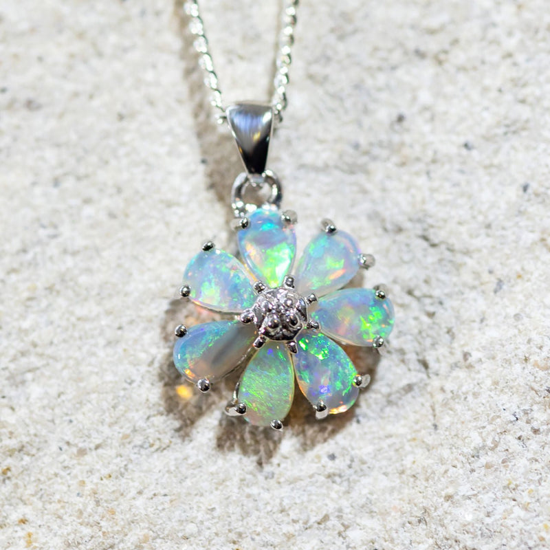 'Flora' Silver Australian Crystal Opal Necklace Pendant - Black Star Opal