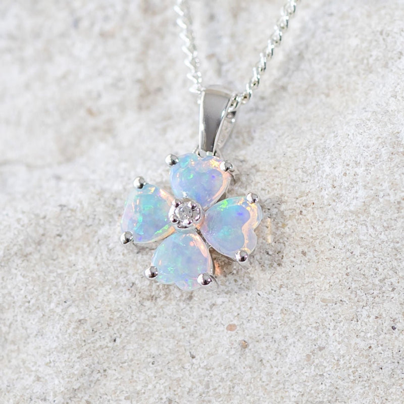 'Flora' White Gold Australian Crystal Opal Necklace Pendant - Black Star Opal