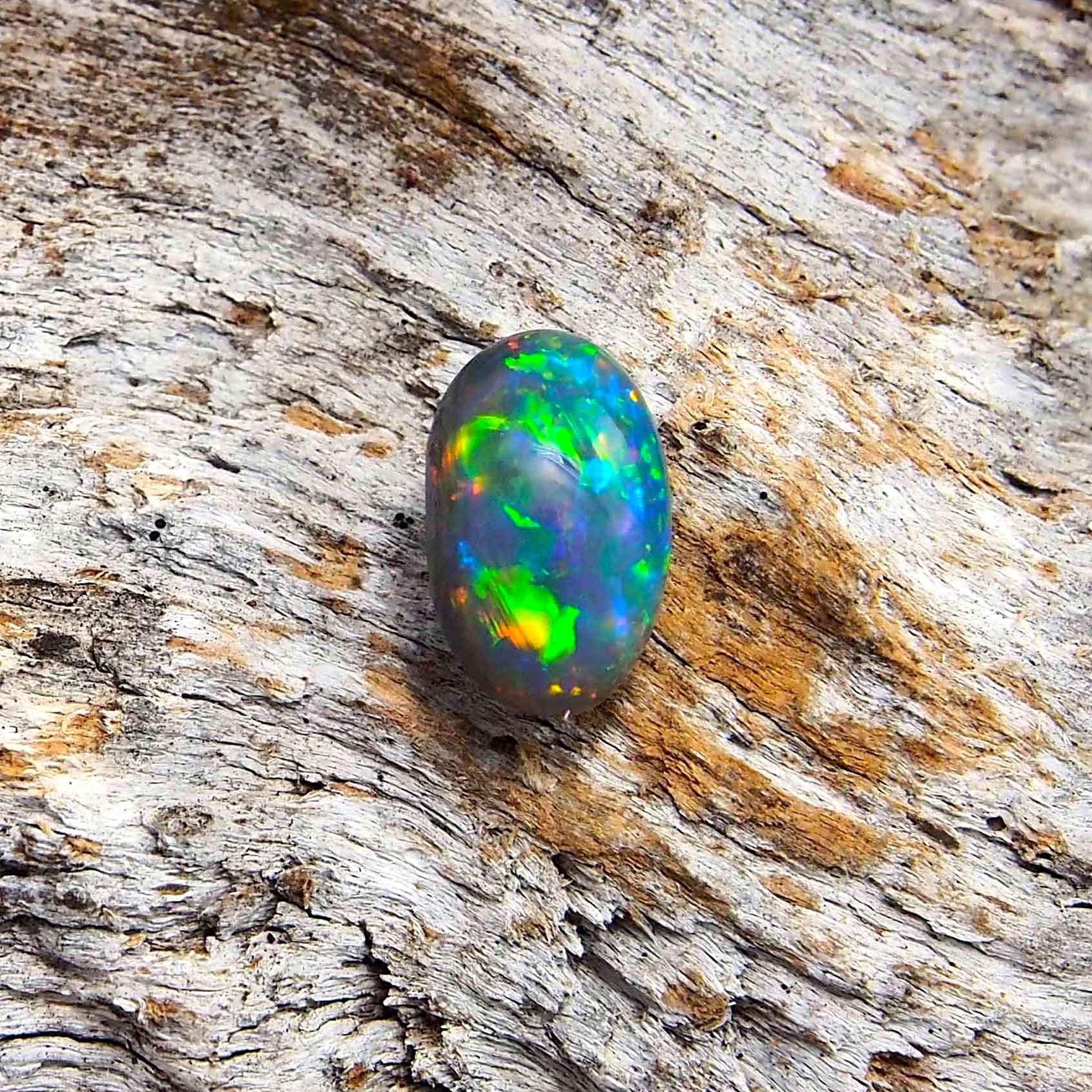 Colourful floral patterned oval Lightning Ridge solid semi-black opal with blue body tone and green and orange highlights, ideal for a ring or necklace pendant setting