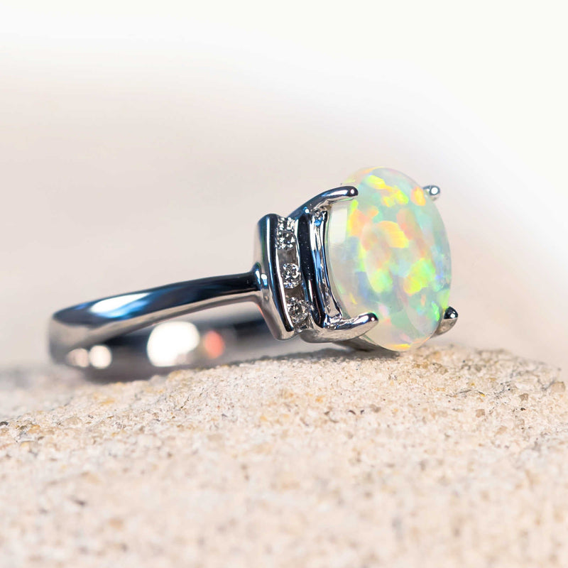 australian opal ring in white gold with diamonds