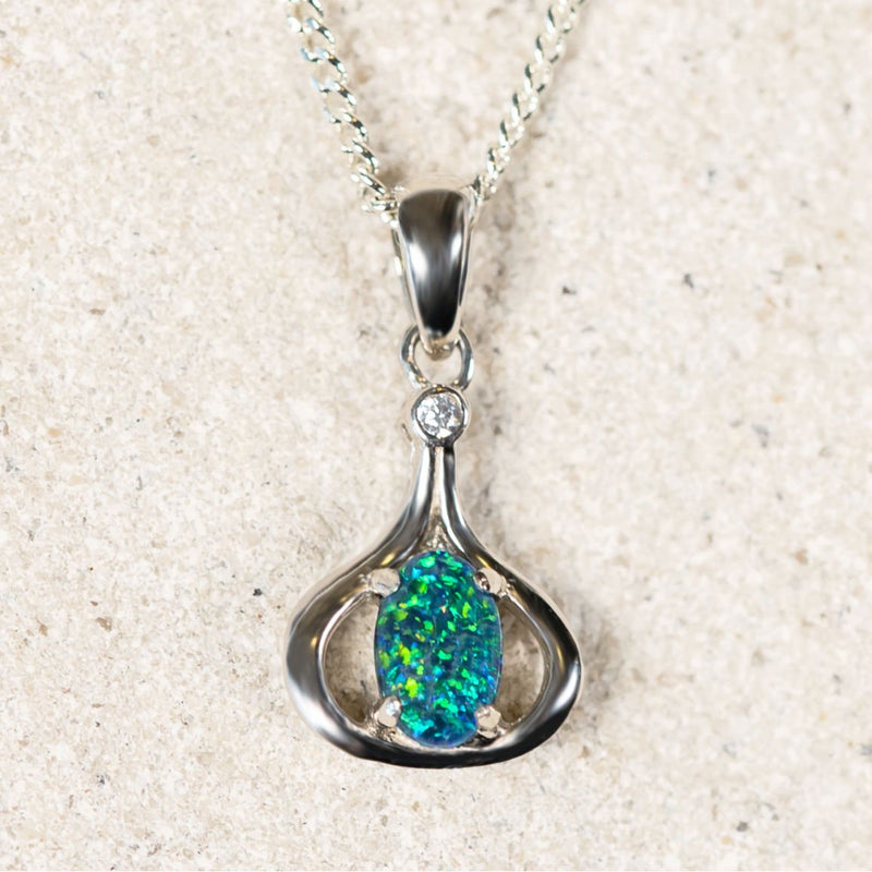 'Gigi' Silver Australian Triplet Opal Necklace Pendant - Black Star Opal