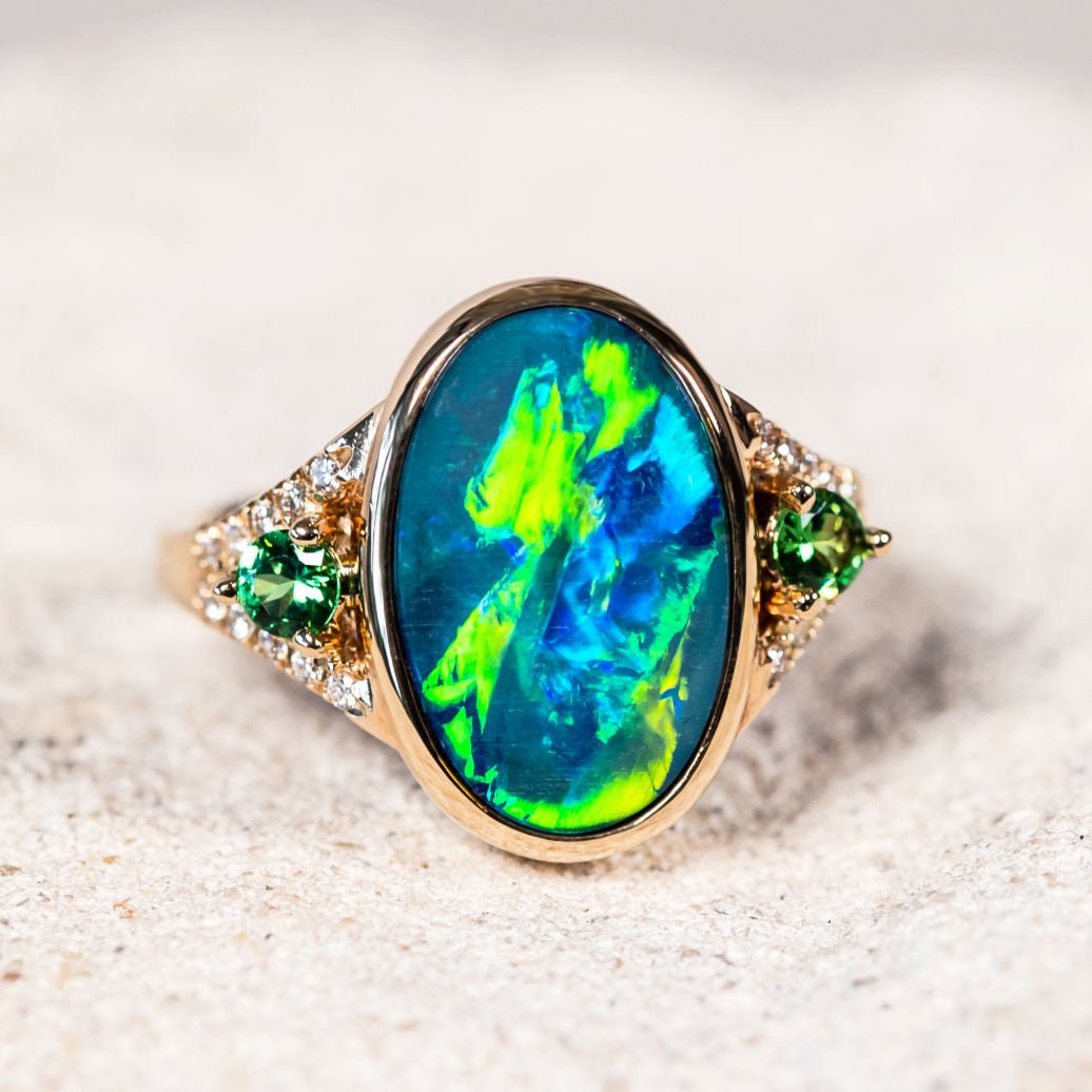 'Gloria' Gold Australian Doublet Opal Ring - Black Star Opal