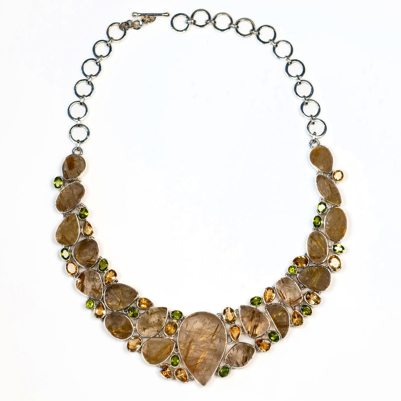 silver gemstone necklet set with golden rutile, peridot and citrine