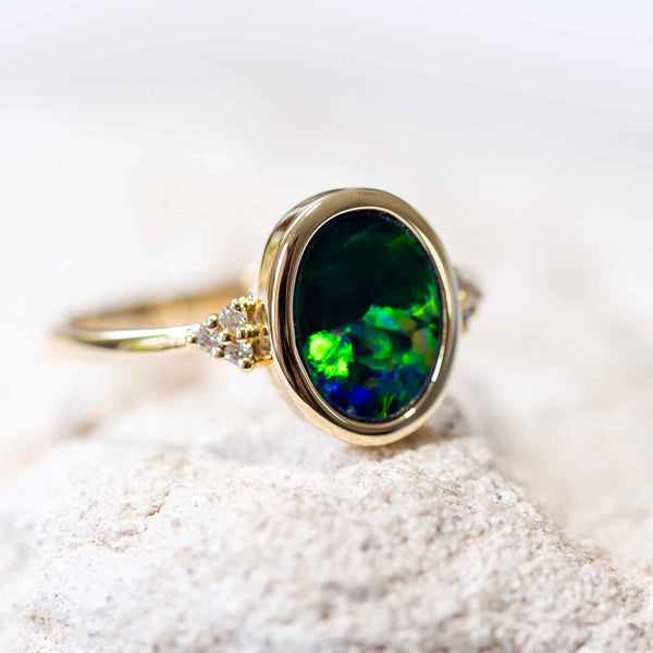 'Green Fire' Gold Australian Doublet Opal Ring - Black Star Opal