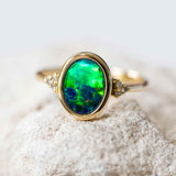 'Green Fire' Gold Australian Doublet Opal Ring - Black Star Opal