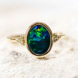 'Green Fire' Gold Australian Doublet Opal Ring - Black Star Opal