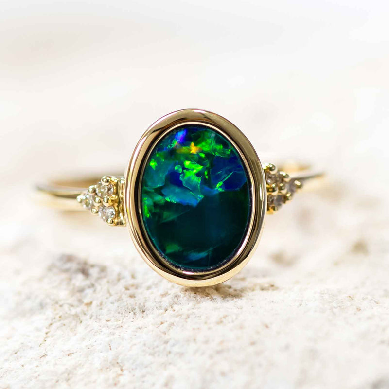 'Green Fire' Gold Australian Doublet Opal Ring - Black Star Opal