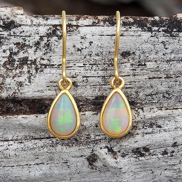 ‘Green Pear’ Gold Plated Silver Australian Crystal Opal Earrings - Black Star Opal