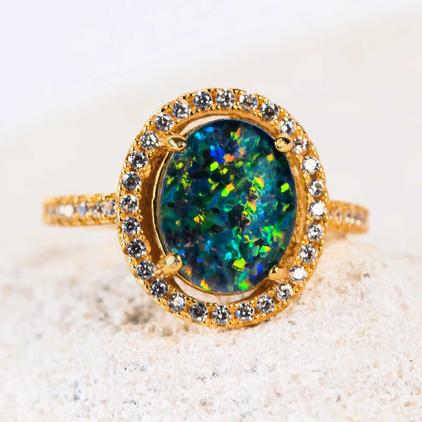colourful oval australian opal ring with a triplet opal and 42 diamantes