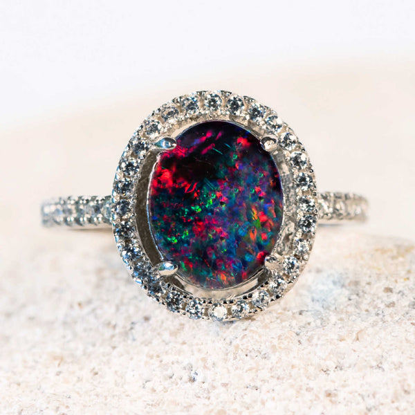 colourful australian opal ring set with a beautiful triplet opal and 42 sparkling crystals