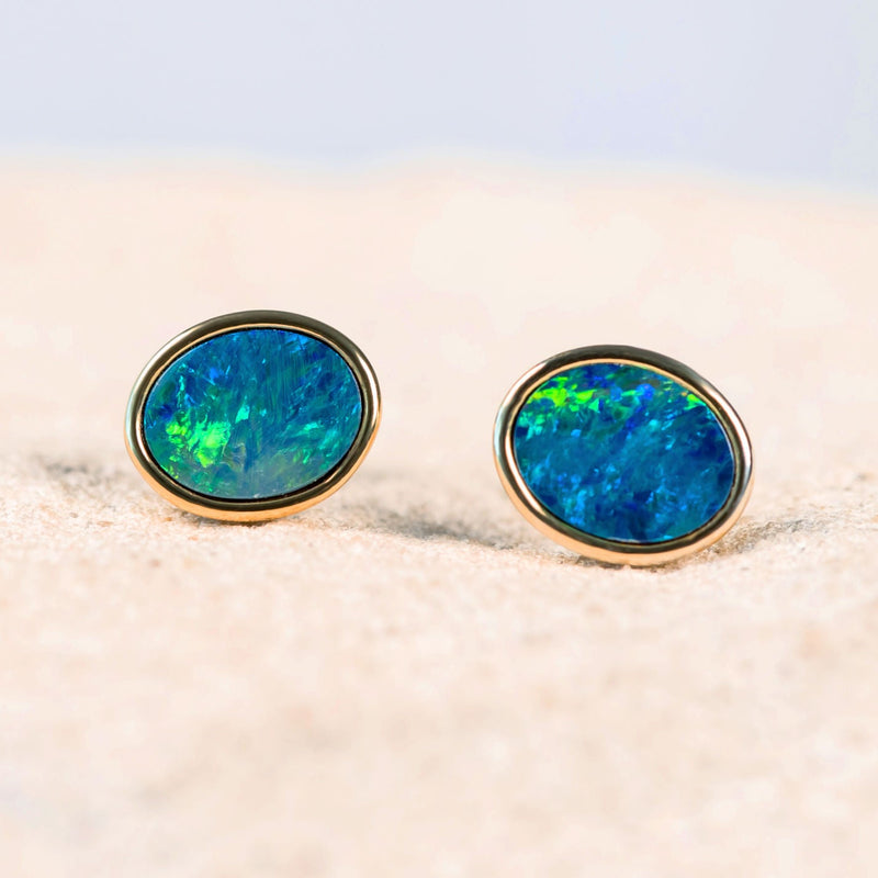 blue and green doublet opal gold plated silver stud earrings