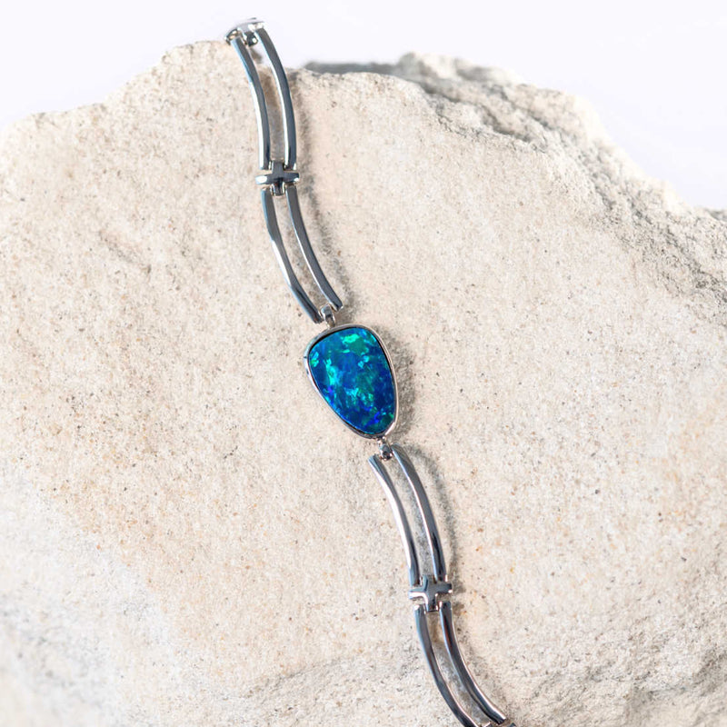 blue and green doublet opal sterling silver bracelet