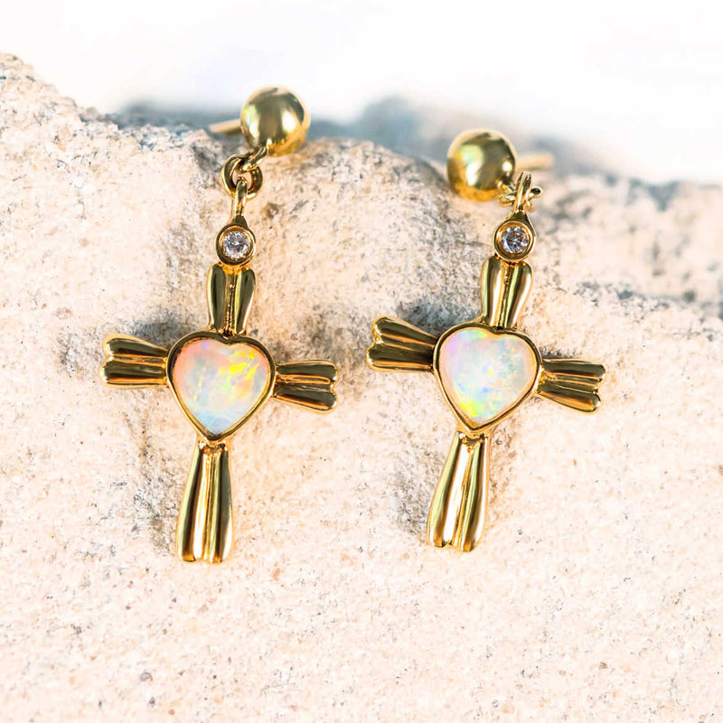 gold heart crystal opal drop earrings