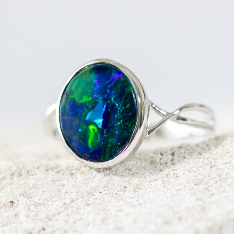 'Helena' White Gold Australian Triplet Opal Ring - Black Star Opal