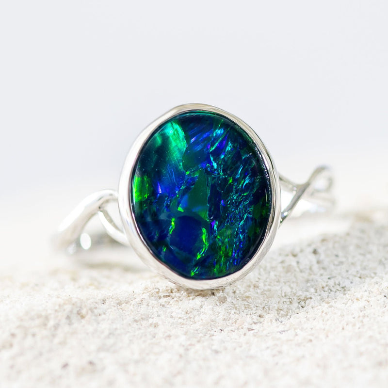 'Helena' White Gold Australian Triplet Opal Ring - Black Star Opal