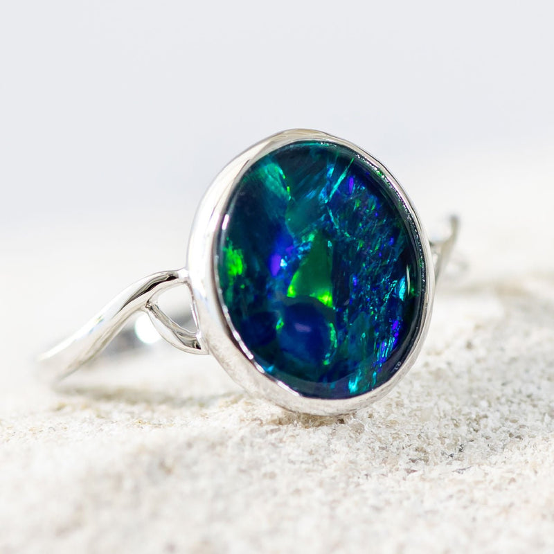 'Helena' White Gold Australian Triplet Opal Ring - Black Star Opal