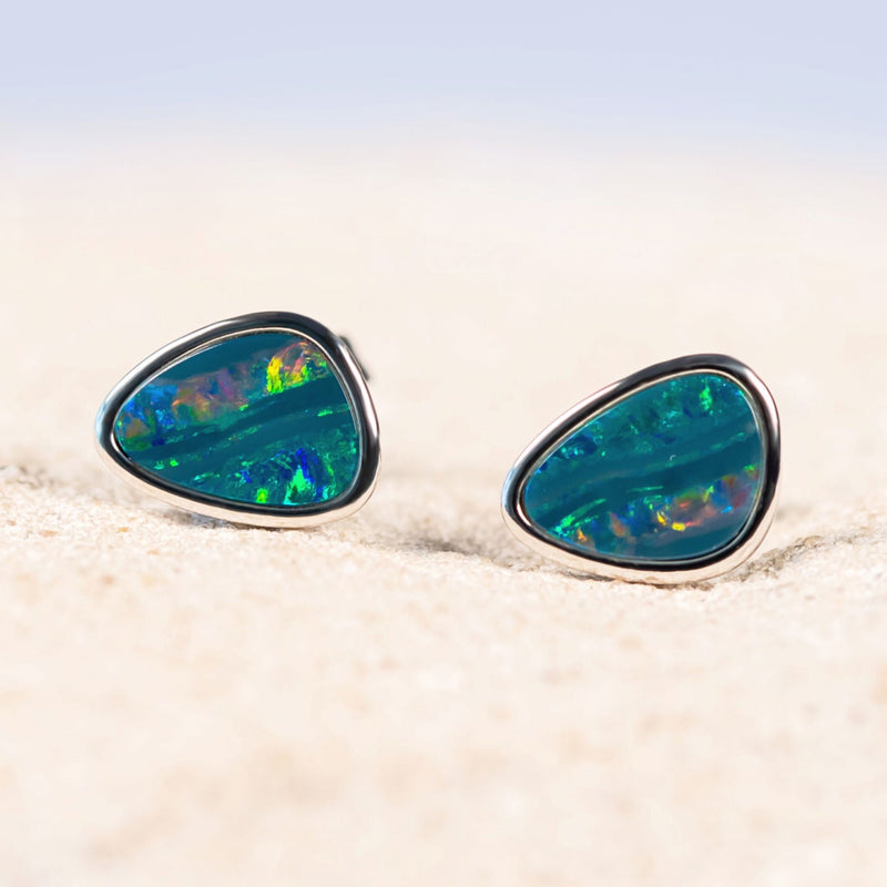 green and multi-colour doublet opal silver earrings