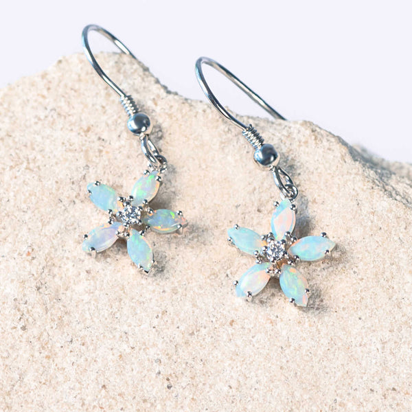blue and green crystal opal flower design hook earrings
