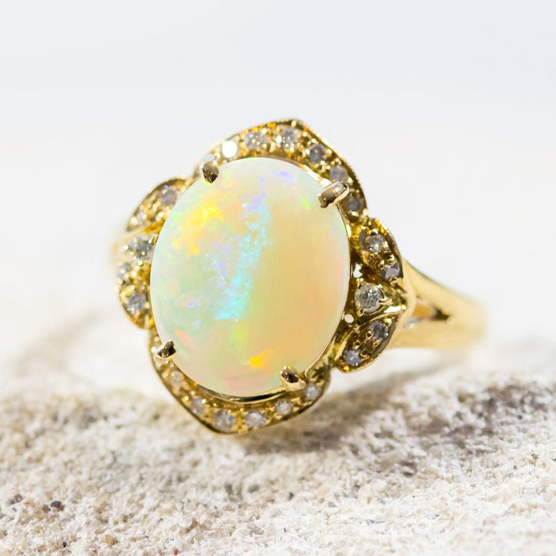 White Gold Round Australian Opal Diamond Halo Ring - Dianna Rae Jewelry