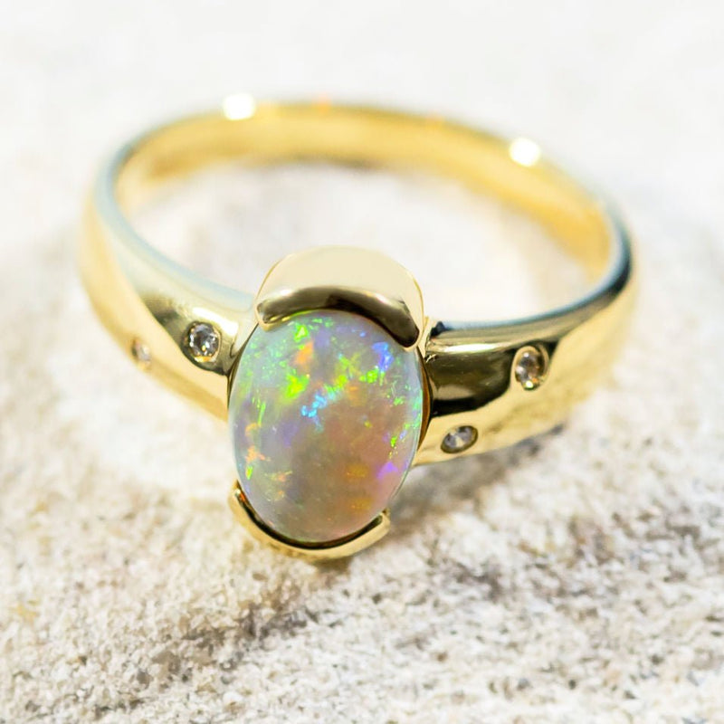 'Iris' Gold Australian Crystal Opal Ring - Black Star Opal