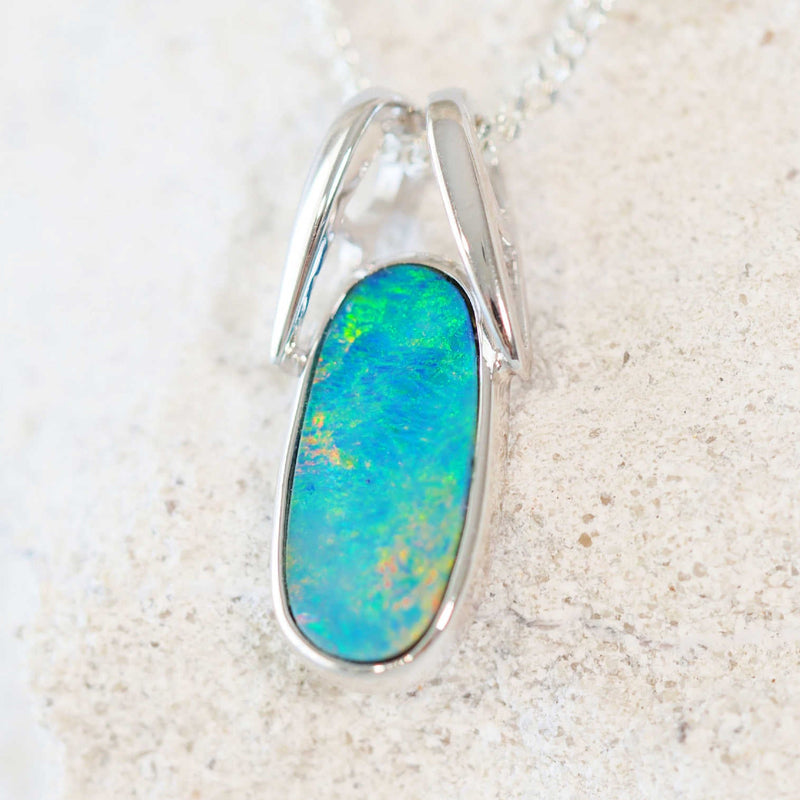 green and blue with orange flash silver doublet opal pendant