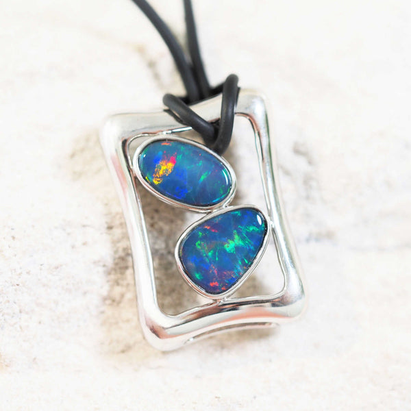 mulit-colour opal silver pendant with two colourful doublet opals