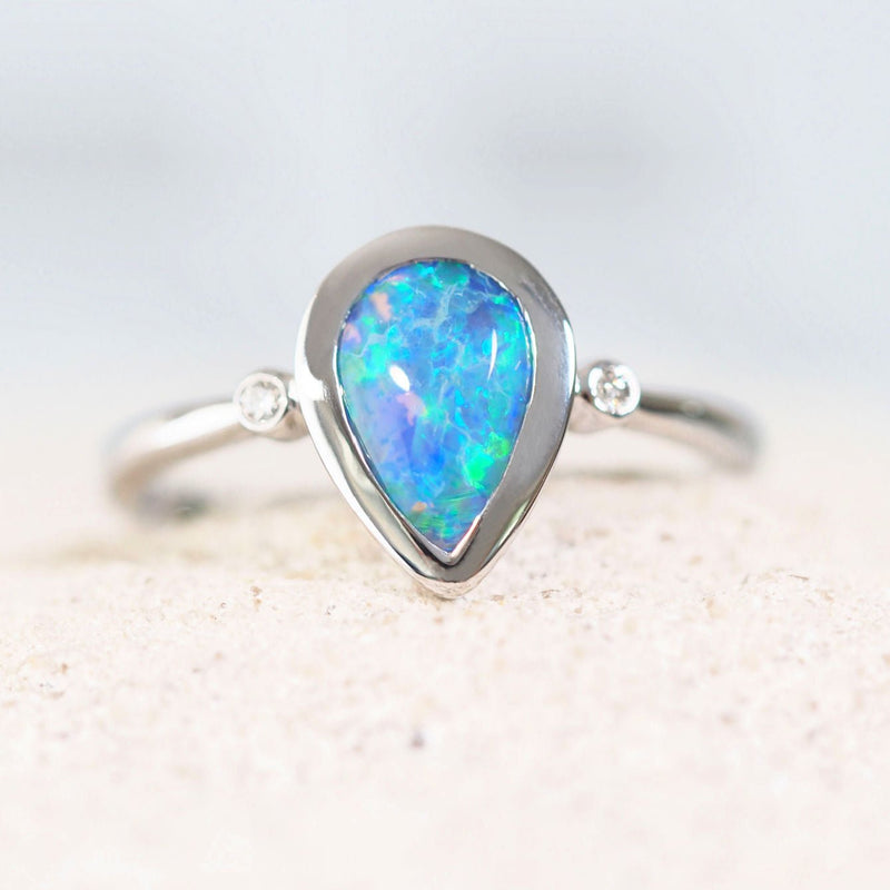 green and blue black opal white gold ring