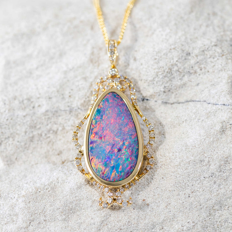 'Josephine' Gold Australian Doublet Opal Necklace Pendant - Black Star Opal