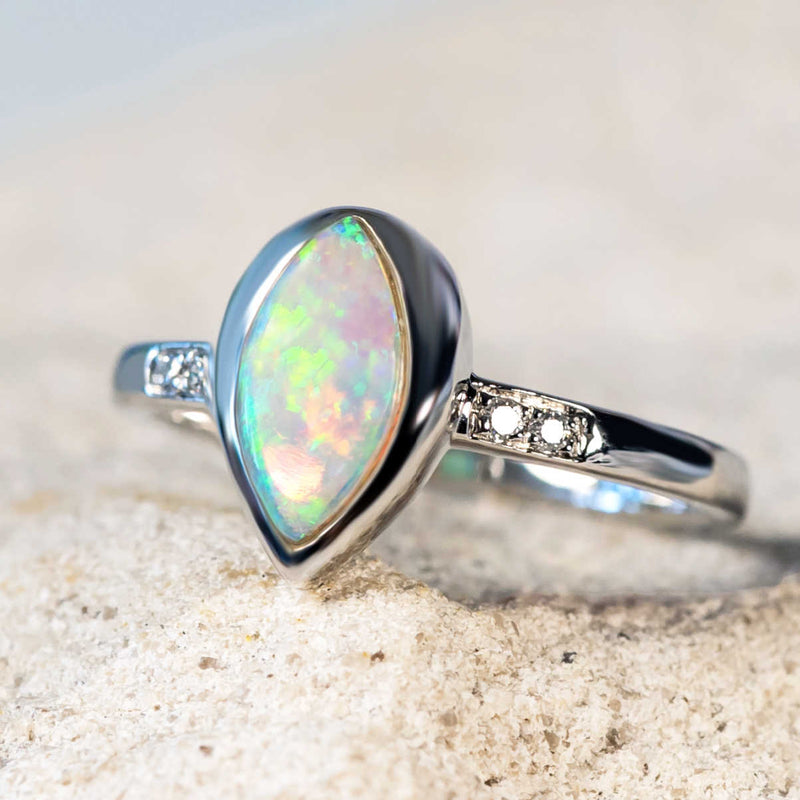 'Juliana' White Gold Australian Crystal Opal Ring - Black Star Opal