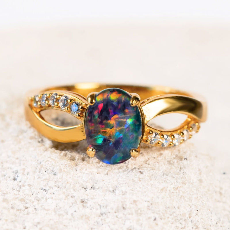 colourful triplet opal gold plated silver ring