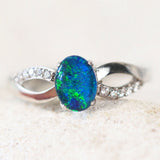 blue and green triplet opal ring set in silver